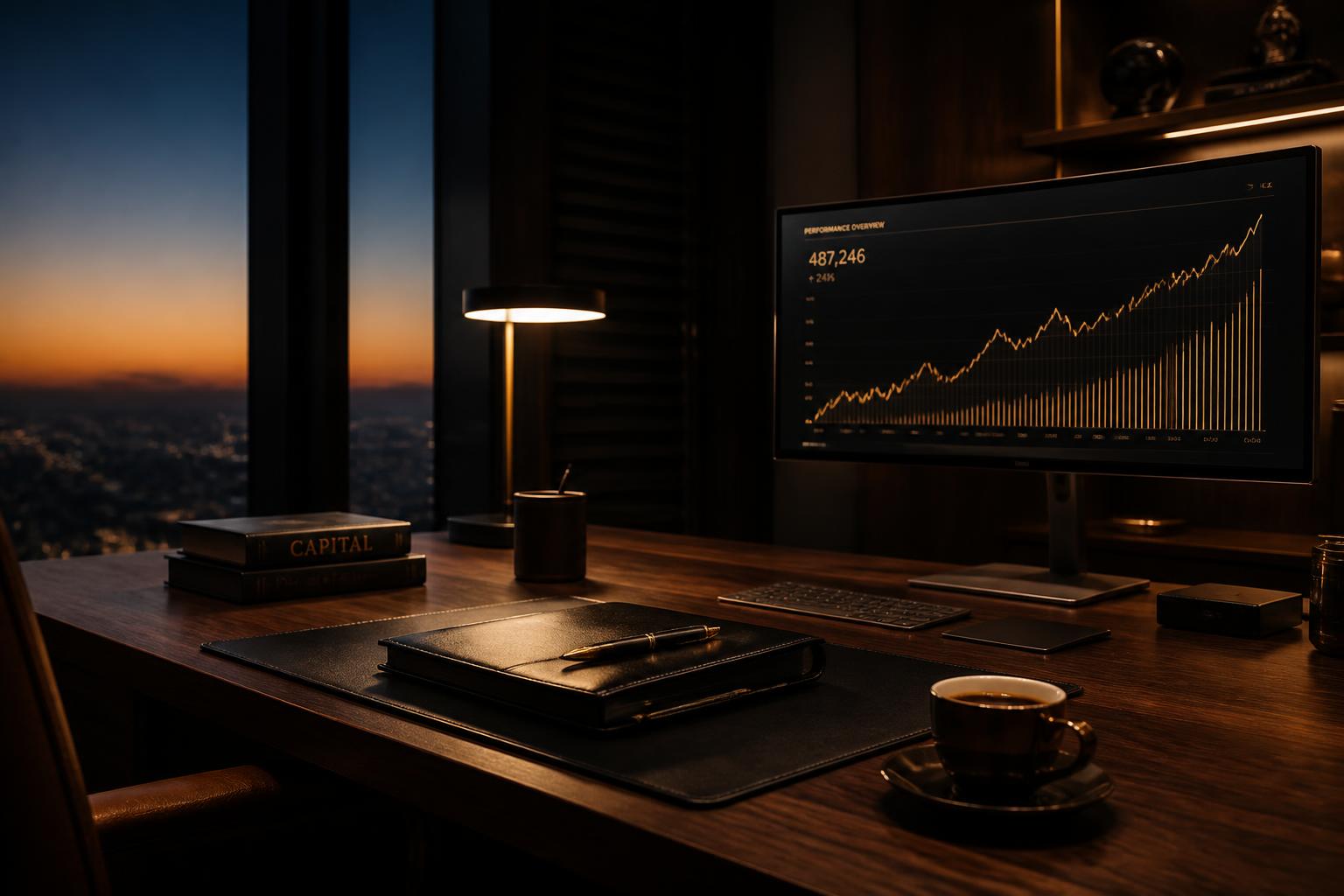 Ascending performance chart on a single monitor in a quiet executive workspace