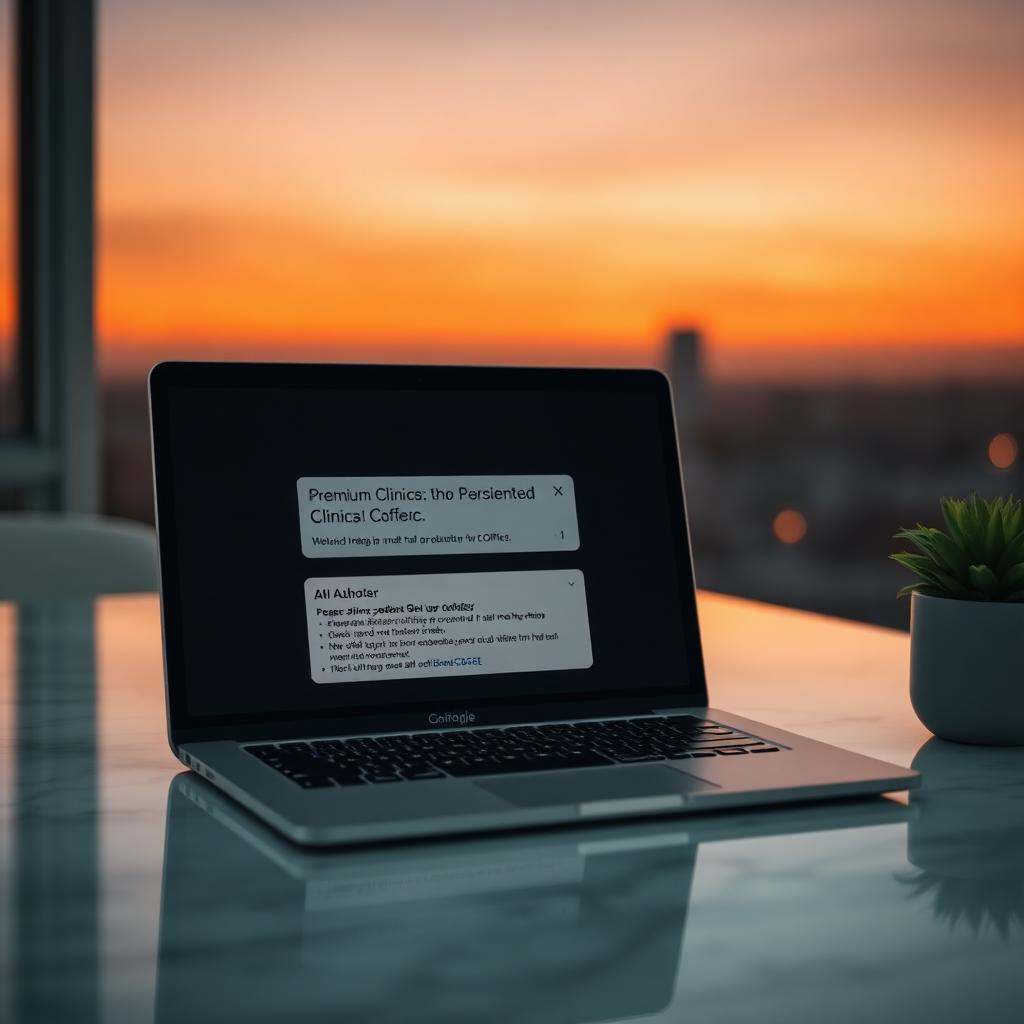 Laptop showing an AI answer citing a premium clinic at dusk