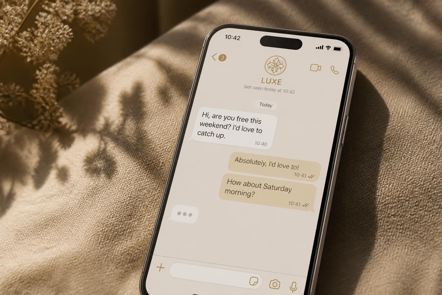 Phone on warm linen with conversation bubbles in soft gold