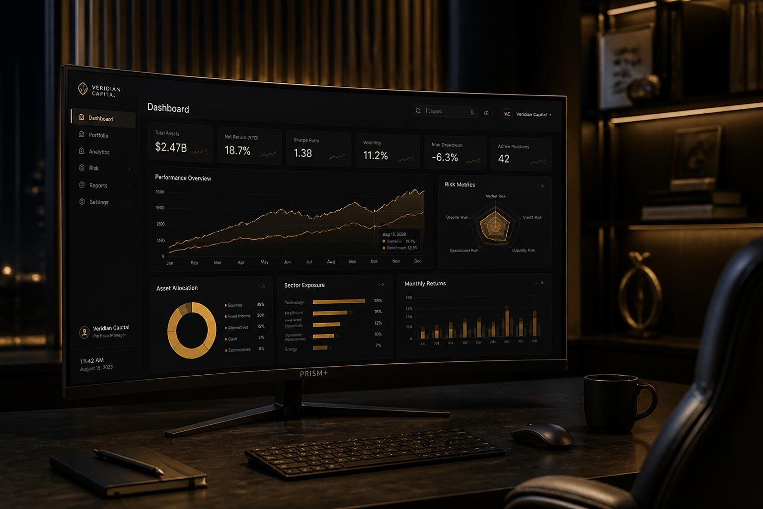 Analytics dashboard with gold data curves on a dark espresso background