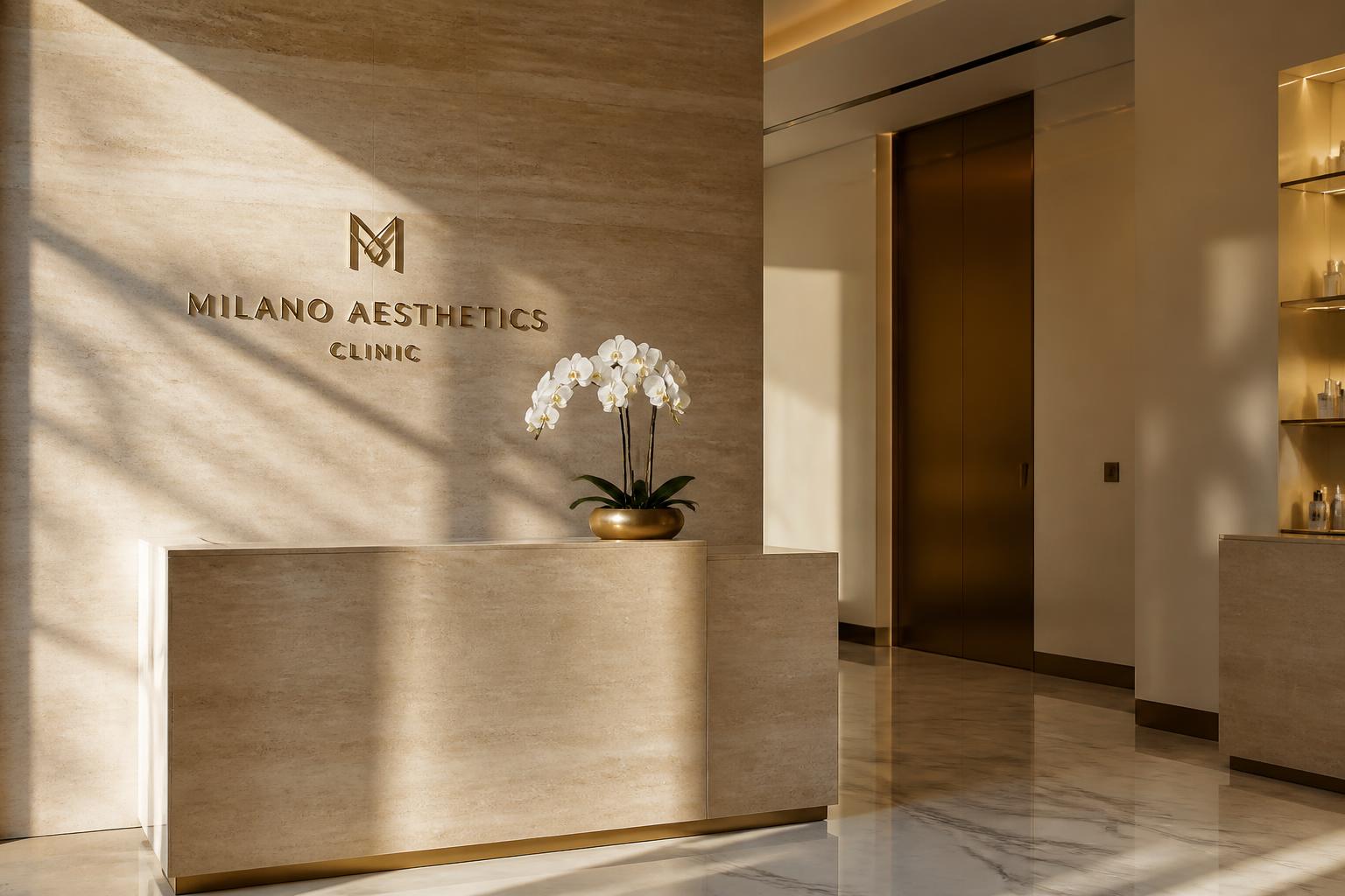 Minimalist marble clinic reception in warm gold light