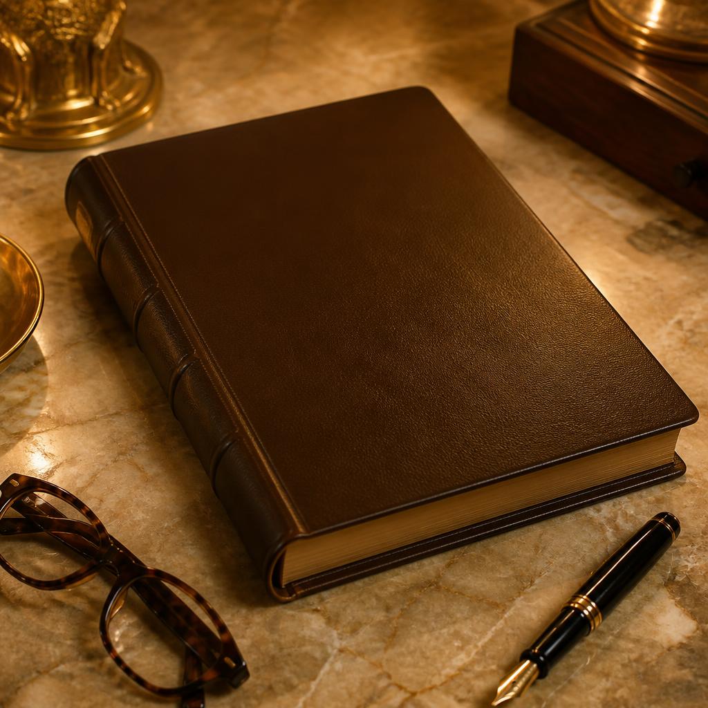 Leather-bound blank monograph on warm marble beside fountain pen and tortoiseshell reading glasses